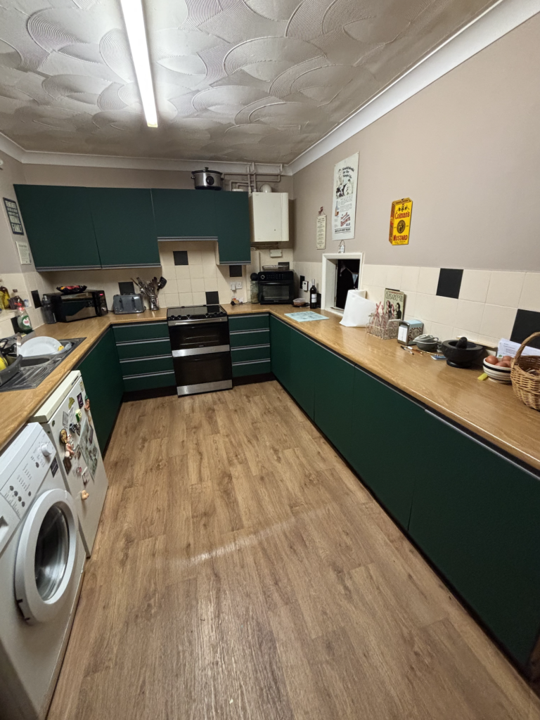 Deep green wrapped kitchen cupboards and wood effect worktops